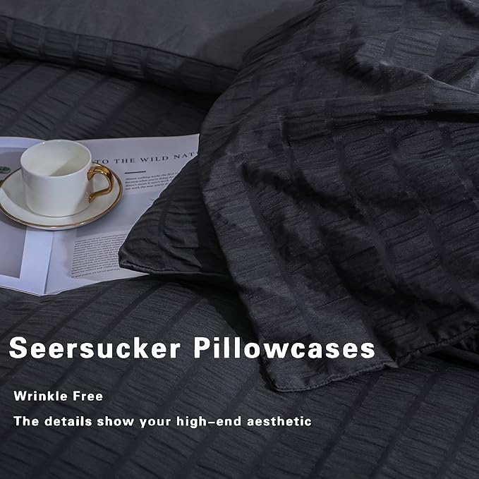 AveLom Seersucker Duvet Cover Set Full Size (80 x 90 inches), 3 Pieces (1 Duvet Cover + 2 Pillow Cases), Black Ultra Soft Washed Microfiber, Textured Duvet Cover with Zipper Closure, Corner Ties