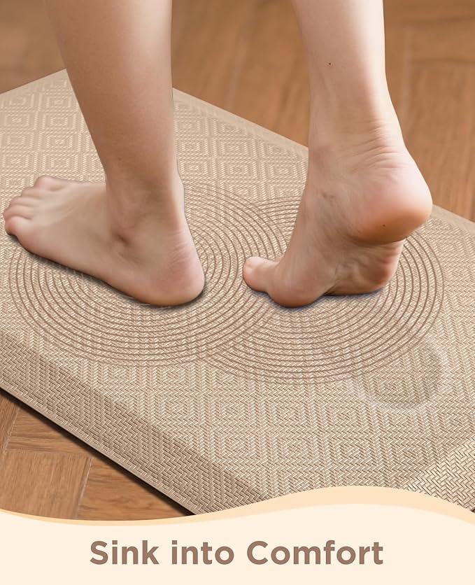 Ophanie Kitchen Mats for Floor, 3/4 inch Thick, 17x28 Anti Fatigue Cushioned Mat, Kitchen Rugs, Waterproof, Comfort Ergonomic Standing Mat for Office, Home, Sink, Beige Non-Slip Ridged Bottom
