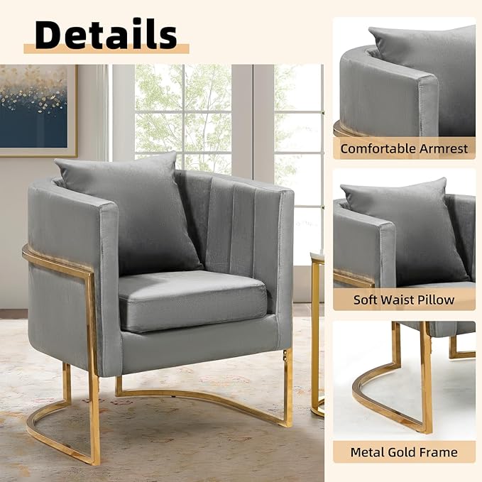 Velvet Modern Accent Chair, Upholstered Barrel Armchair Mid Century with Pillow for Living Room, Comfy Single Vanity Chair with Metal Gold Legs for Bedroom, Grey