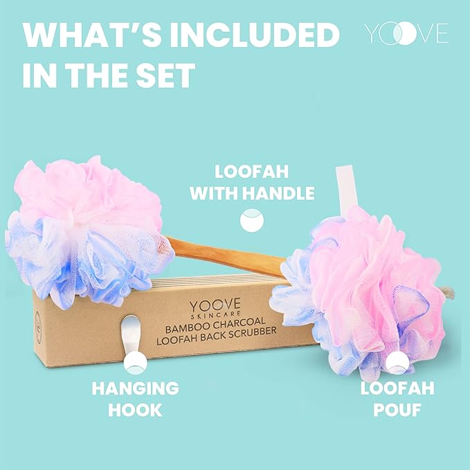 Yoove Loofah Back Scrubber w/Bamboo Charcoal Fiber Infused Bath Sponge, Wooden Handle, Luffa Pouf, Sponge Stick & Hanging Hook for Men & Women, Pink Loofah w/Handle, Loofa, Lufa Body Scrubber Stick
