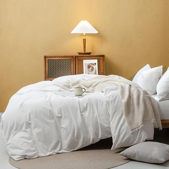 FOSSA Duvet Cover Set 100% Washed Cotton Linen Feel Super Soft Breathable Cozy 3 Pieces Bedding Sets Solid Off White Super Queen