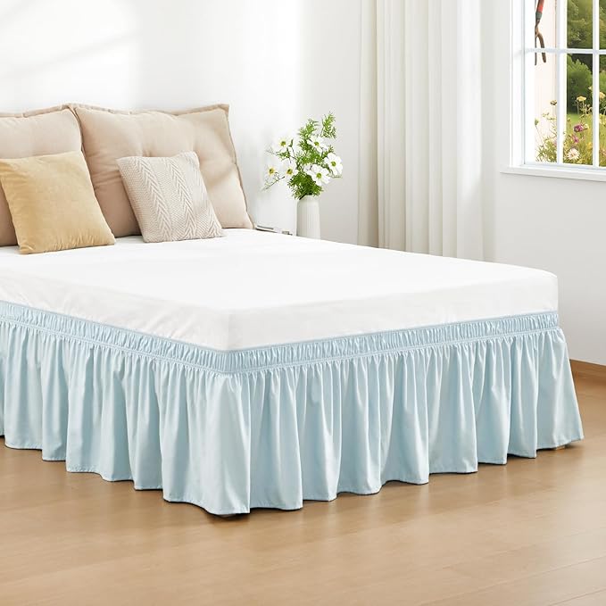 RIMELA Grayish Blue Bed Skirt Queen Size 18 Inch Drop, Wrap Around Elastic Bedskirt, Dust Ruffle for Adjustable Bed Base Machine Washable Easy to Install Bed Skirts