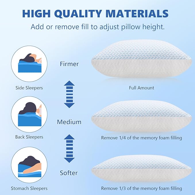 SUPA MODERN Shredded Memory Foam Pillows for Sleeping Queen Size Set of 4 Pack,Adjustable Cooling Bed Pillow for Side Back and Stomach Sleepers with Breathable Washable Cover