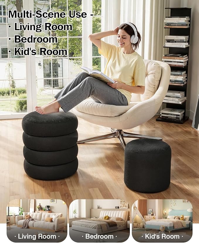 Round Set of 2 Sherpa Storage Ottoman Stool Boucle Vanity Stool Footstool with Removeable lid Load up to 440 lbs for Livingroom Bedroom Black UASND68B