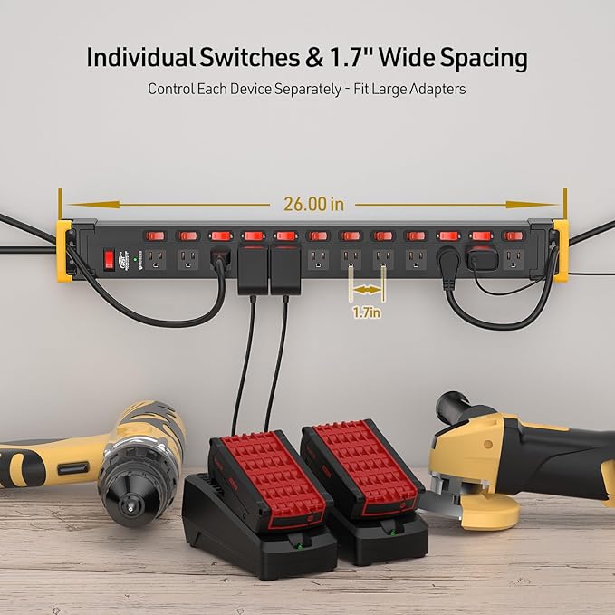 CRST Heavy Duty Metal Power Strip with Individual Switches, 12 Outlets Long Surge Protector Power Strip (1020J), 15A/1875W, 9FT Cord, Use for Garage Workshop Office School and Home...