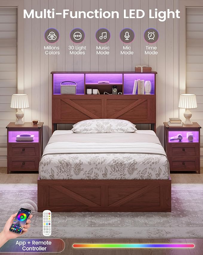 AOGLLATI Twin Bed Frame with 4 Storage Drawers and Charging Station, Farmhouse Wooden Led Twin Bed with Storage Hidden Space Headboard and Metal Slats,Mahogany