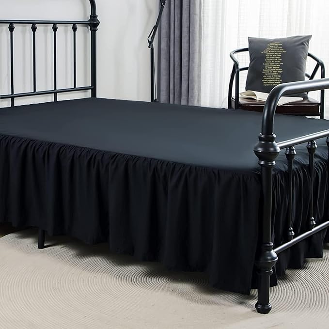 Bed Skirts King Size 12 Inch Ruffled Bed Skirt with Split Corners, 12 Inch Drop Dust Ruffle Bed Skirt with Platform, Black
