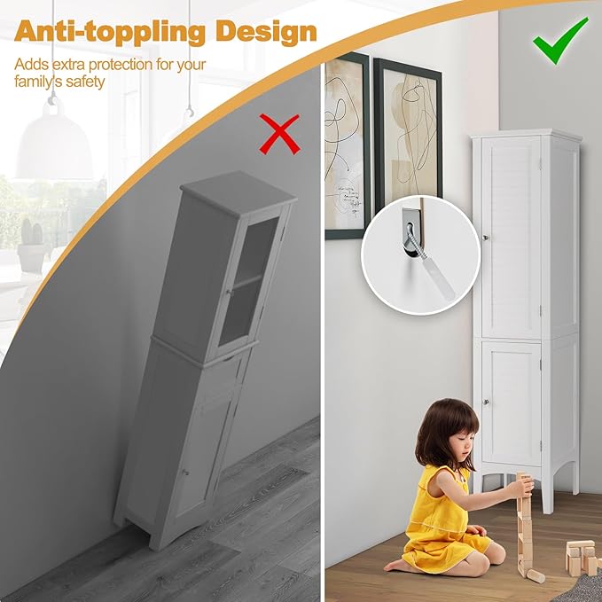 COSTWAY Tall Bathroom Storage Cabinet, 5-Tier Freestanding Linen Tower Cabinet with 2 Doors, Wooden Side Storage Organizer, Narrow Slim Floor Cabinet for Bathroom, Living Room, Kitchen (White)