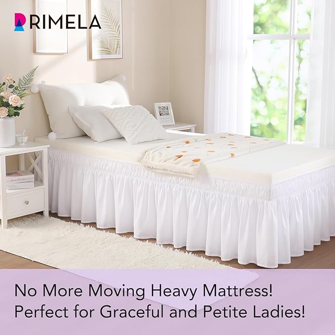 RIMELA Dorm Bed Skirt Twin XL 18 Inch Drop, Extra Long Wrap Around Elastic Bed Skirts Easy to Put On Twin Size Dust Ruffle, White Bedskirt for Adjustable Bed Base Solid Silky Fabric Machine Washable