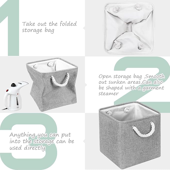 Large 11x11 Inch Cube Storage Bins with Cotton Handles for Closet, Shelves, Clothes, Towel (Gray-6 Pack)