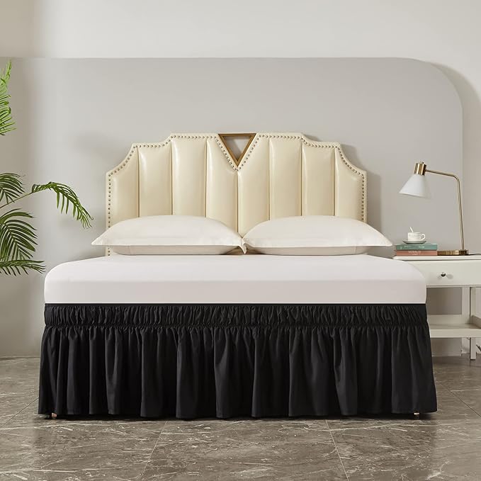 MEILA Wrap Around Bed Skirt Three Fabric Sides Elastic Dust Ruffled 18 Inch Tailored Drop,Easy to Install Fade Resistant-Black, Twin/Full