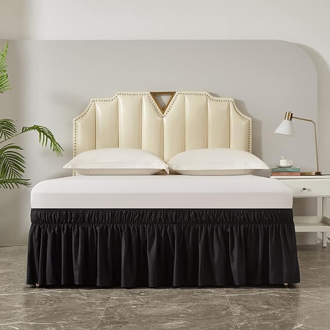 MEILA Wrap Around Bed Skirt Three Fabric Sides Elastic Dust Ruffled 24 Inch Tailored Drop,Easy to Install Fade Resistant-Black, Queen/King