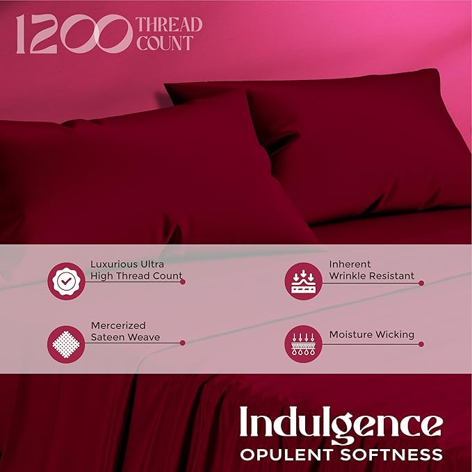 Mayfair Linen 100% Egyptian Cotton Queen Sheet Set - Luxury 1200 High Thread Count Egyptian Cotton Sheets Queen Size (4 PC, Burgundy), Silky Soft, Cooling, 17" Deep Pocket Sateen Weave Hotel Bedding
