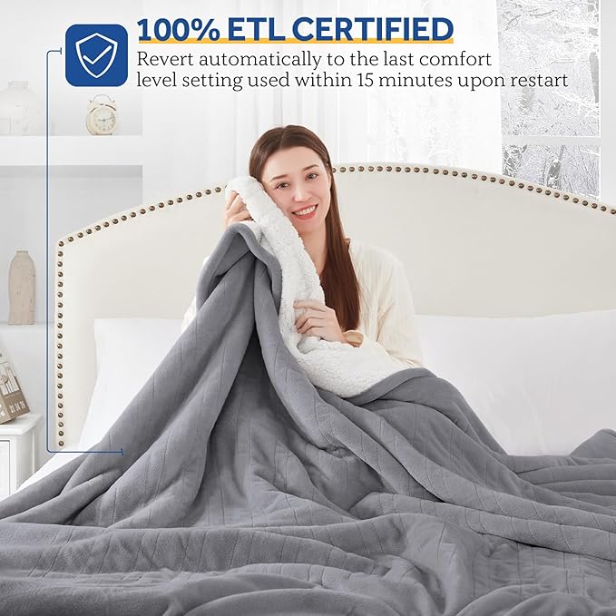 SEALY Electric Blanket King Size, Flannel & Sherpa Heated Blanket with 10 Heating Levels & 1-12 Hours Auto Shut Off, Fast Heating Warming Blanket, Machine Washable, Light Grey, 100 x 90 Inch
