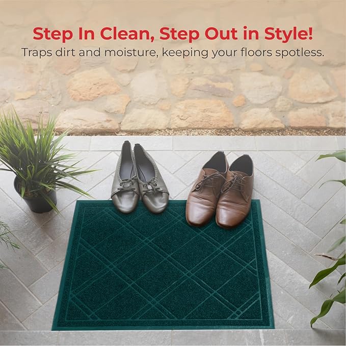 SlipToGrip Entryway Mat for Indoor Outdoor Use - No-Slip Front Doormat for Outside Entrance - 42 x 35 Inch Washable Outdoor Mat with Green Plaid Design for Porch, Garage, and Patio