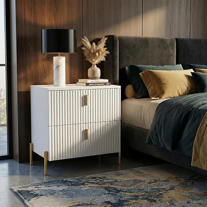 Luxury Fluted Night Stand, Nightstand with 2 Drawers, Modern Bedside Table with Golden Legs and Handles, End Tables for Living Room Bedroom, White
