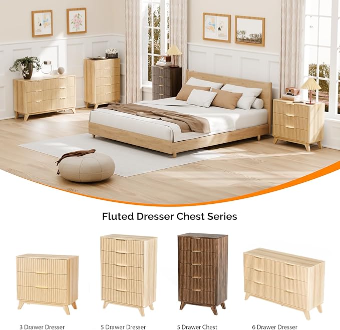 VINGLI Fluted Wood Nightstand 3 Drawer, 31.5" W Mid Century Modern Nightstand Tall, Fluted Bedside Table, End Table, Night Stand for Bedroom, Oak, 31.5" W*15.96" D*29.72" H