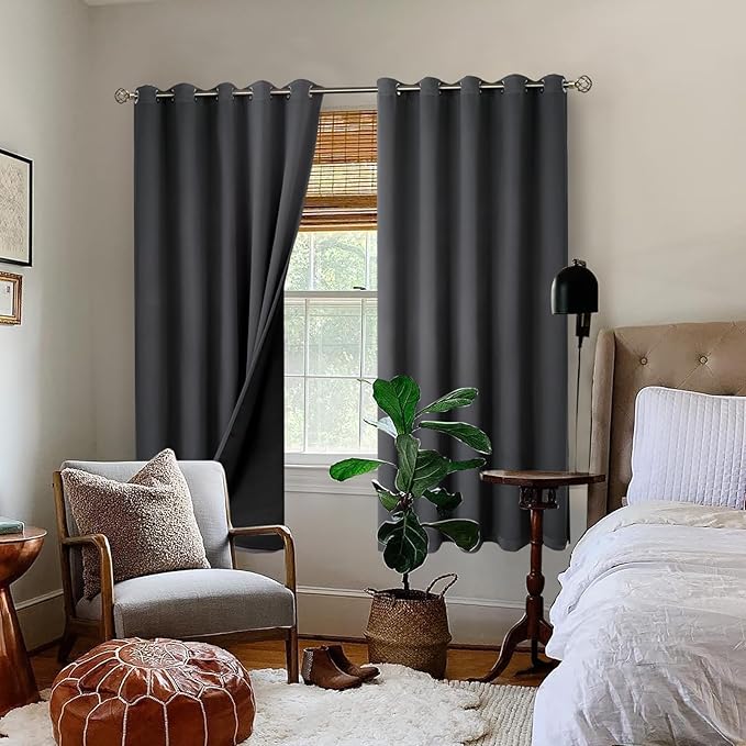 BGment Thermal Insulated 100% Blackout Curtains for Bedroom with Black Liner, Double Layer Full Room Darkening Noise Reducing Grommet Curtain (60 x 63 Inch, Dark Grey, 2 Panels)