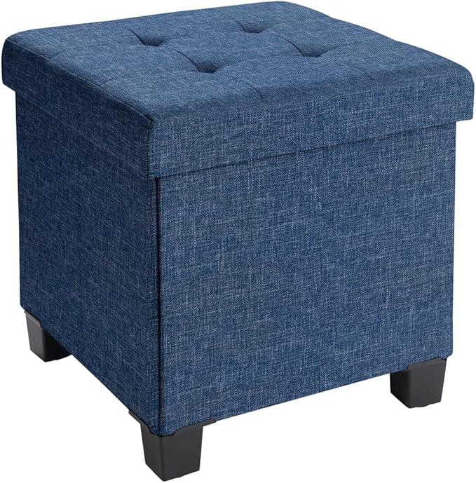 Ornavo Home 15 Inch Folding Storage Ottoman with Storage, Square Cube Linen Small Storage Ottoman Foot Rest Stool with Legs - Navy Blue