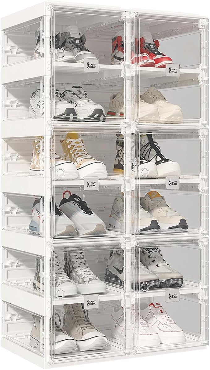 ANTBOX Foldable Shoe Rack,Shoe Organizers for Closet Plastic Shoe Storage Box Space Saving for Entryway, Large Sturdy Stackable Sneaker Cabinet Bins with Magnetic Clear Door 6 Tiers 12 Pairs
