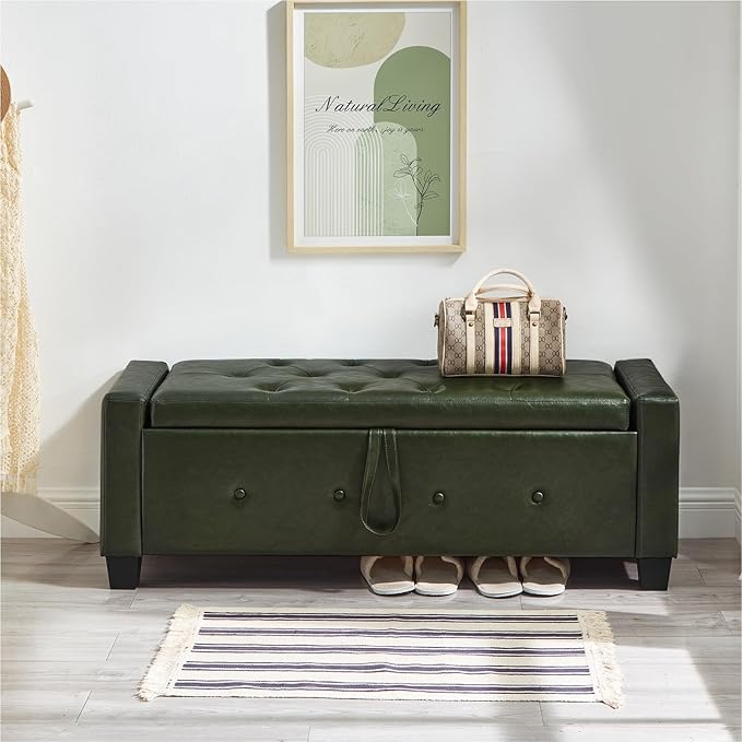 48" Storage Ottoman Bench, Upholstered Button-Tufted End of Bed Bench with Soft-Close Hinge & Solid Wood Legs, Foot Rest for Living Room, Bedroom, Hallway (Faux Leather, Dark Green)