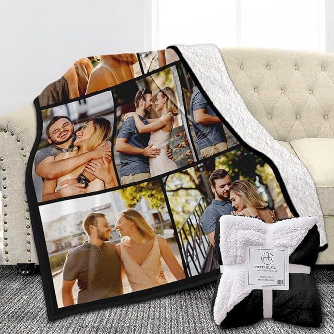Custom Sherpa Fleece Blanket with Photos and Text - Soft Warm Fuzzy Personalized Couples Gift for Boyfriend Girlfriend - Customized Picture Blanket for Birthday Anniversary Christmas