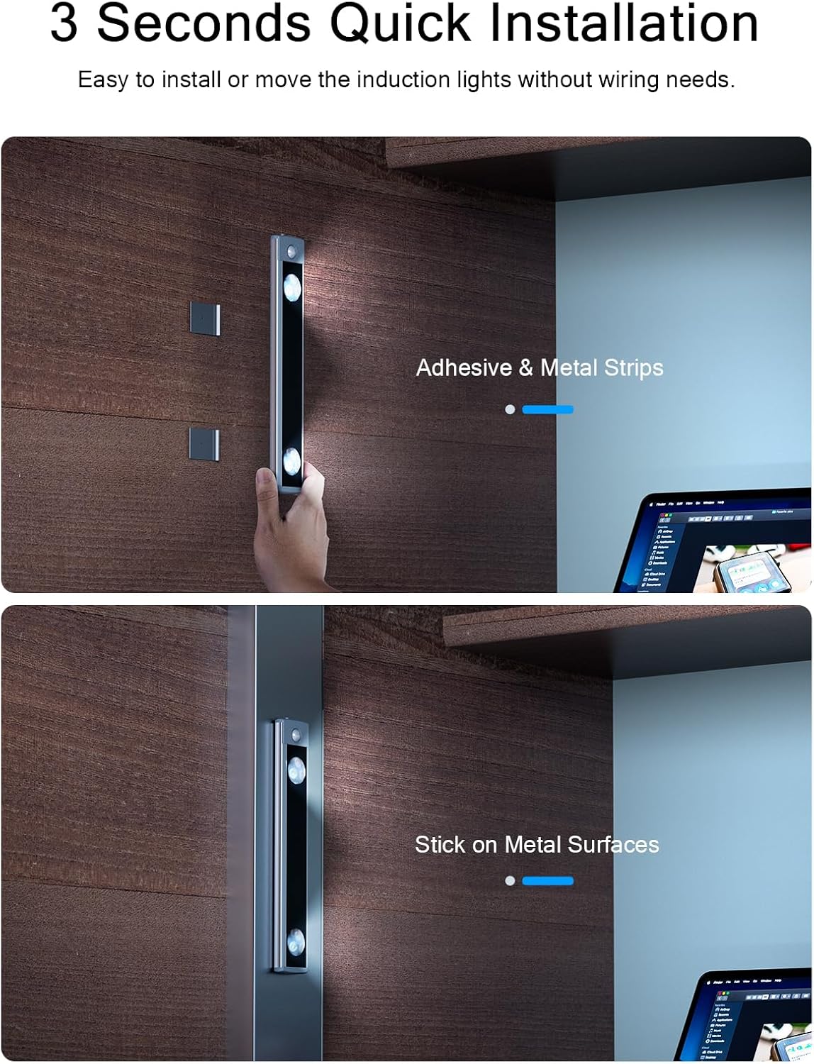 Under Cabinet Lights, Wireless Motion Sensor Light Indoor, Black 10in LED White Lighting Rechargeable Battery Operated,4 Modes Night Light, Stick-On Magnetic Closet Lights for Kitchen, Hallway(2 Pack)