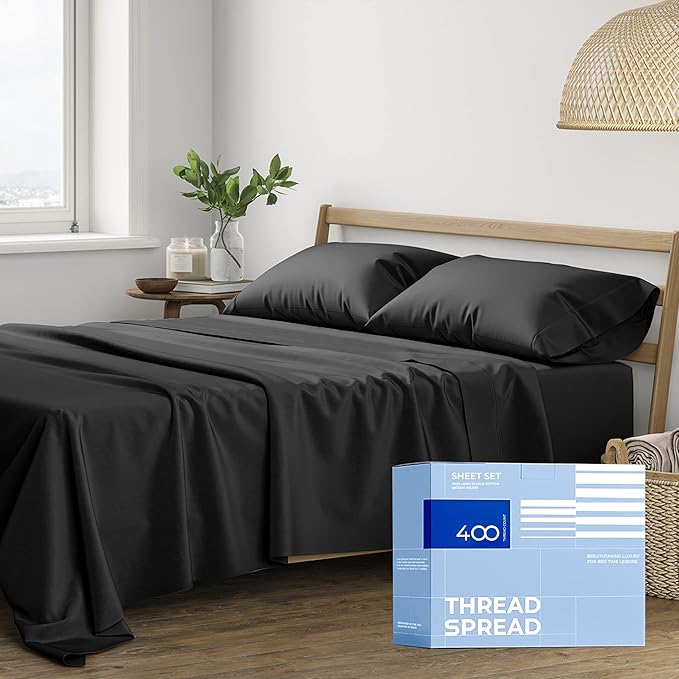 THREAD SPREAD 100% Cotton Bed Sheets Queen Set - 400 Thread Count Cotton Queen Sheets Only, 4 PC Set (Coal Black), Soft, Breathable, Cooling, Sateen Weave 16" Deep Pocket Bedsheet for Hot Sleepers