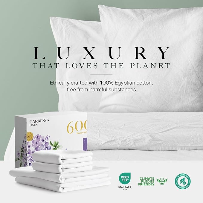 Carressa Linen 100% Egyptian Cotton Full Size Sheets - 600 Thread Count Full Size Egyptian Cotton Sheets (4 PC, Crisp White), Soft, Cooling, 16" Deep Pocket Sateen Weave Luxury Hotel Bed Sheet Set