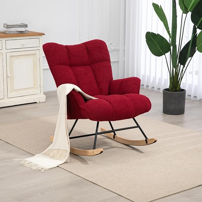 Rocking Chair Nursery Teddy Upholstered Glider Rocker Rocking Accent Chair Padded Seat with High Backrest Armchair Comfy Side Chair for Living Room Bedroom Offices (Burgundy Teddy)