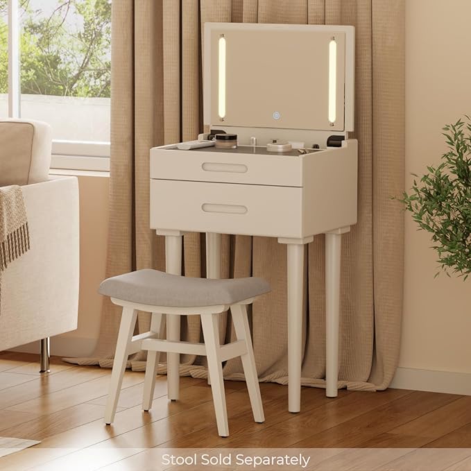 Solid Wood Small Vanity Desk with Mirror and Lights, Narrow Makeup Vanity for Small Space, Flip Top Vanity Side Table, 3 Color Modes & Adjustable Brightness, 19.6" Slim Dressing Table, White