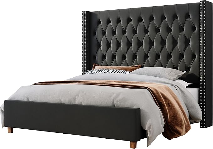 Jocisland California King Bed Frame with 61.4" Tall Wingback Headboard, Velvet Upholstered Platform Bed, Handcrafted Pleats& Deep Button Tufted, Solid Wood Legs, No Box Spring Required, Black