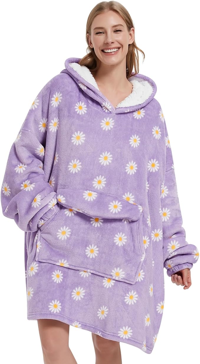 Wearable Blanket Hoodie for Adult,Oversized Sherpa Fleece Blanket Hoodie for Women Men,Daisy
