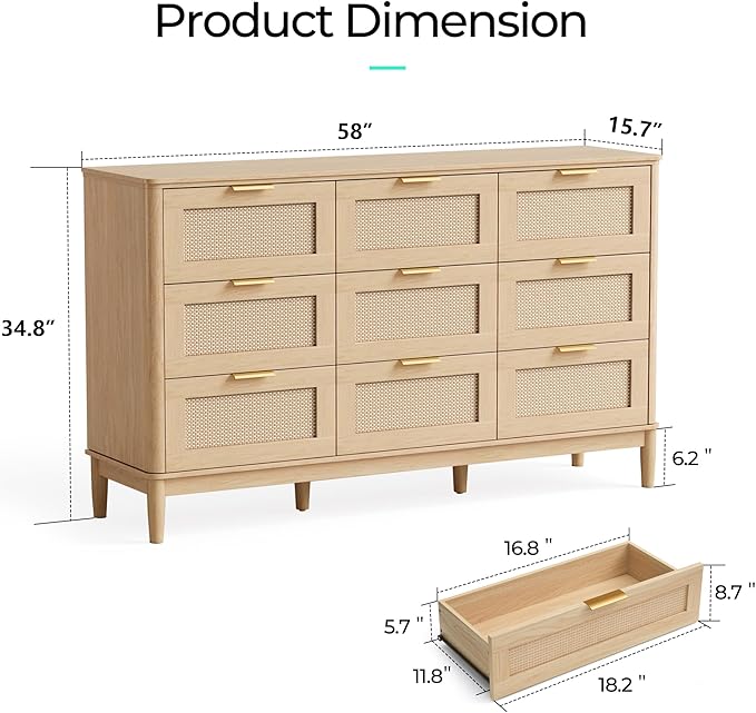 LINSY Rattan 9 Drawer Dresser for Bedroom, 58" Wide Mid-Century Modern Tall Chest of Drawers, Deep Storage Dresser with Curved Corner Design, Large Accent Wood Cabinet for Bedroom, Oak