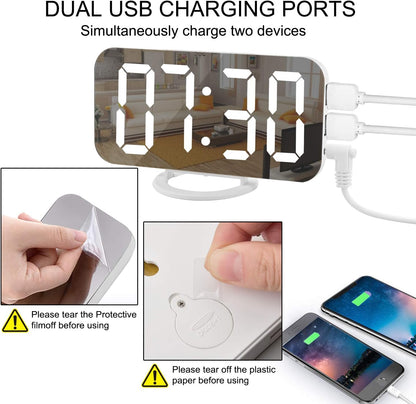 SZELAM Digital Clock Large Display, LED Electric Alarm Clocks Mirror Surface for Makeup with Diming Mode, 3 Levels Brightness, Dual USB Ports Modern Decoration for Home Bedroom Decor-White (001)