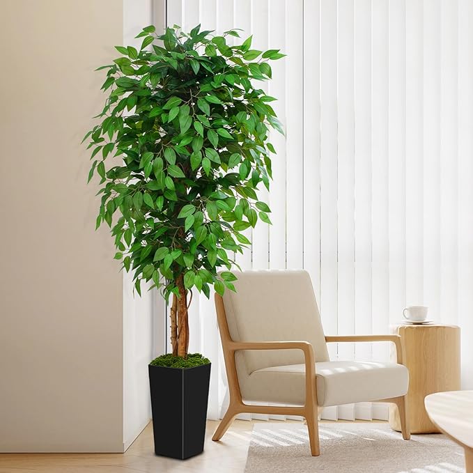 6ft Ficus Artificial Tree with 3 Natural Curved Trunks, 74" Tall Lush Faux Tree for Home Decor Indoor, Green Lifelike Fake Ficus Tree with Black Planter Pot
