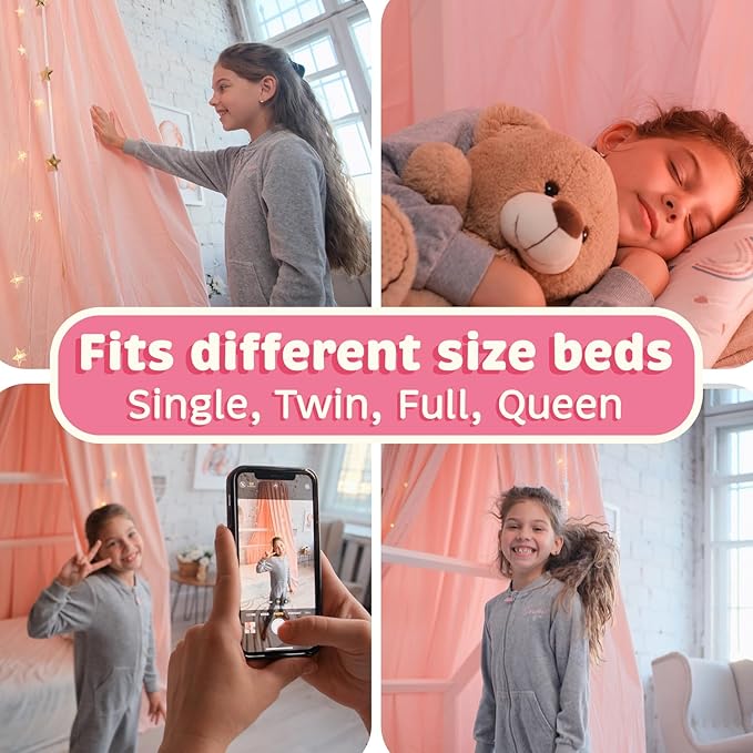 Bollepo Bed Canopy with Lights - Pink Princess Canopy for Girls Room | Single, Twin, Full, Queen | Kids Bed, Hanging Fairy Led Canopy
