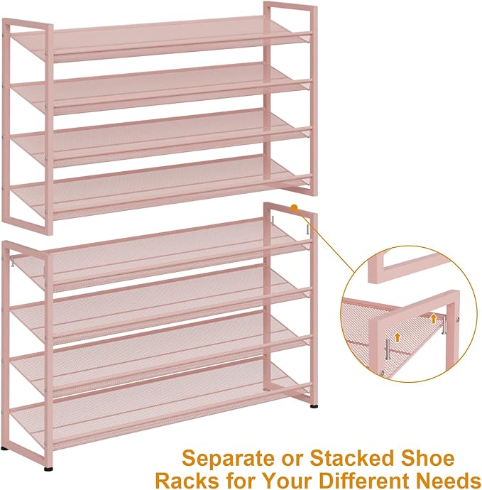 Large Shoe Rack 8 Tier Shoe Organizer, Heavy Duty Metal 4-Tier Stackable Shoe Storage Vertical Shoe Rack for Closet Front Door Entrance, Up to 50 Pairs, 44.8" W x 11.4" D x 56.7" H, Pink