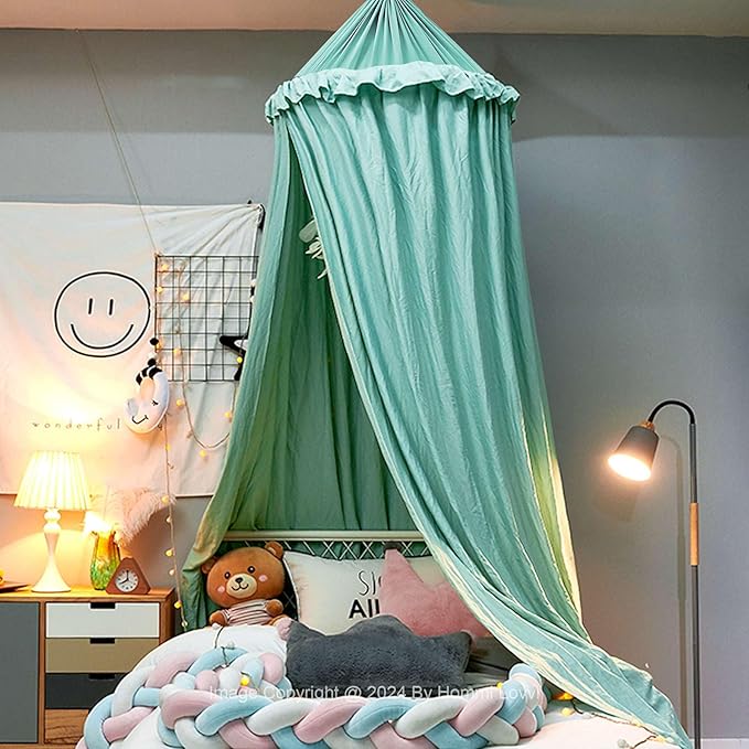 Bed Canopy for Girls, Dreamy Frills Ceiling Hanging Princess Canopy Bedroom Decoration Soft Canopy Net Reading Nook, Extra Large Full Queen Size Bed Canopies - Green