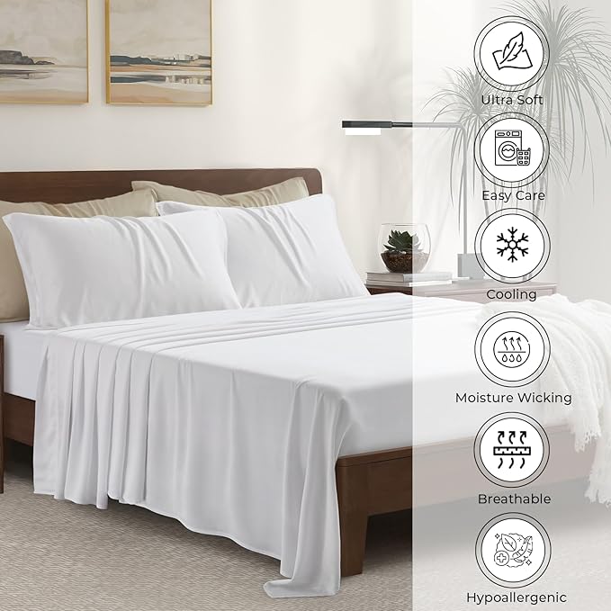 Luxury Bamboo Market | King Size Bed Sheet Set | 100% Viscose Made from Bamboo | Organically Grown | Ultra Soft | Cooling Sheets for Hot Sleepers | 17" Deep Pocket [Classic White]