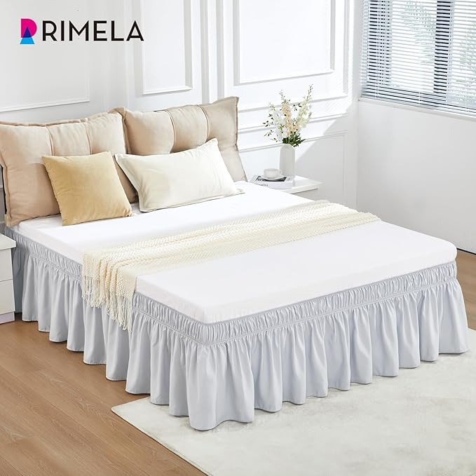 RIMELA Ice Grey Bed Skirt Queen Size 15 Inch Drop, Elastic Bed Skirting for Bed Base and Frame, Bedding Dust Ruffle Easy to Install, Lightweight Wrap Around Adjustable Bedskirt