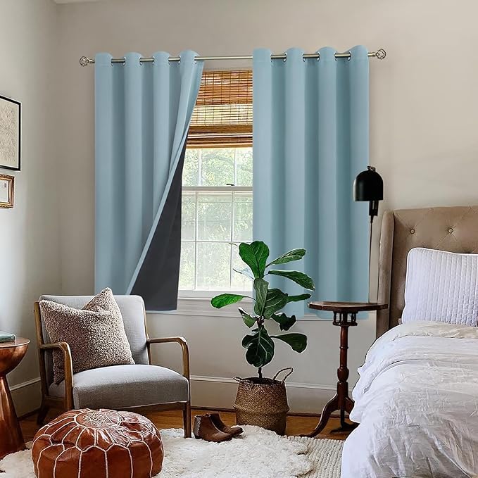 BGment Short 100% Blackout Curtains for Bedroom, Thermal Insulated Lined Energy Efficiency Noise Reducing Grommet Curtains 45 Inch Length for Small Window 2 Panels Each 52 Inch Wide, Greyish Blue
