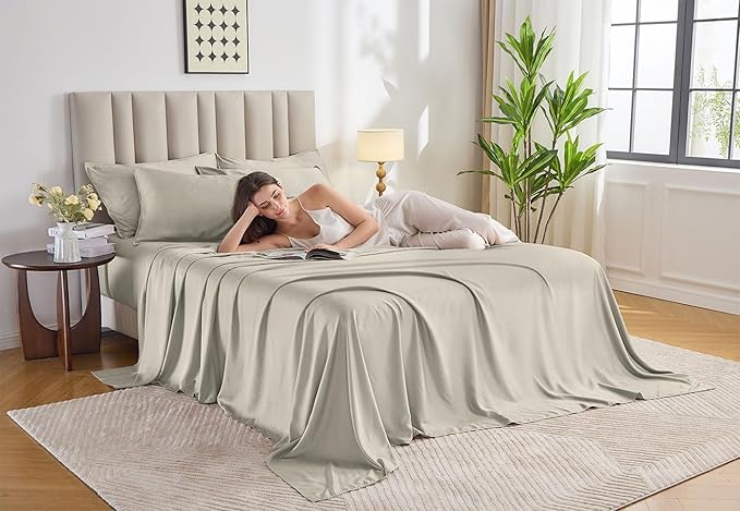 Pure Bamboo Split King Sheets, Genuine 100% Organic Viscose Derived from Bamboo Bed Sheet Set, Soft & Cooling, Double Stitching, 2 Fitted Sheets (Split King, Birch)