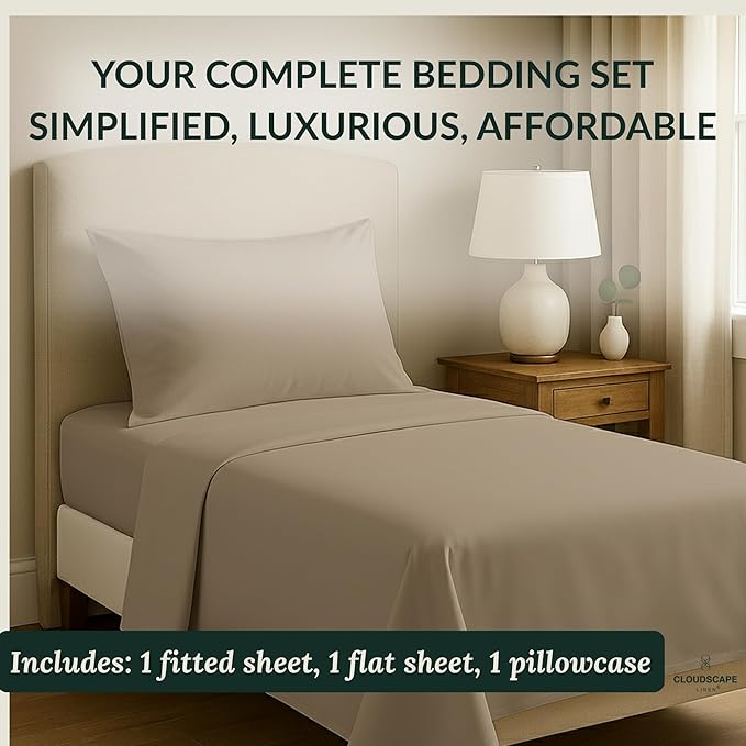 Cloud Scape Linen 100% Egyptian Cotton Sheets Twin Size, 3 Pieces Luxury Bedding Set, 400 Thread Count,Hotel Quality, Silky Soft, Breathable and Durable, Deep Pockets up to 15, Taupe