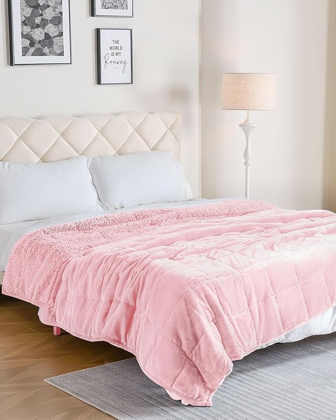 Uttermara Sherpa Fleece Weighted Blanket 15 lbs for Adult, Unicolor Ultra-Soft Fleece and Sherpa, Dual Sided Cozy Plush Blanket for Sofa Bed, 60 x 80 inches, Pink