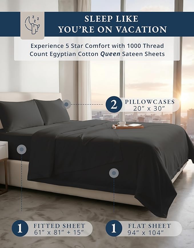 100% Egyptian Cotton Sheets Queen Size Bed Set – 1000 Thread Count Naturally Cooling & Breathable Sateen Queen Sheets Set, Long-Staple Cotton for Lasting Softness, Snug Fit 15" Deep Pocket - Black