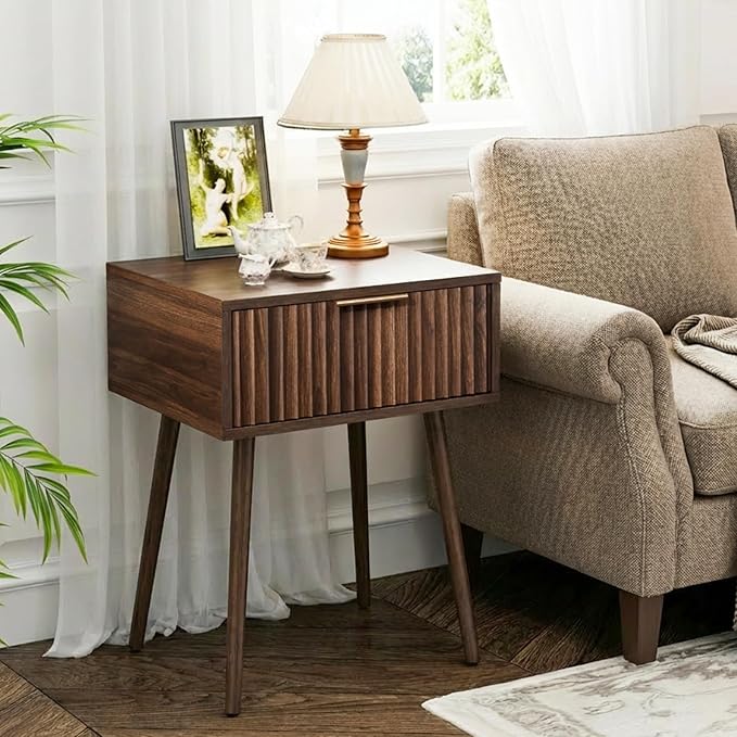 VINGLI Fluted Nightstand with Drawer, 19" W Mid Century Modern Nightstand for Bedroom, Bedside Table, End Tables Bedroom, Wood Night Stand, Walnut, 18.9" W*14.96" D*24" H