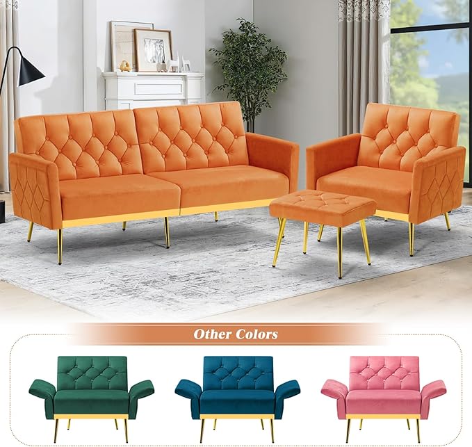 Velvet Accent Chair w/Adjustable Armrests and Backrests, Tufted Single Sofa with Ottoman, Upholstered Reading Chiar for Living Room, Apartment, Bedroom, Orange