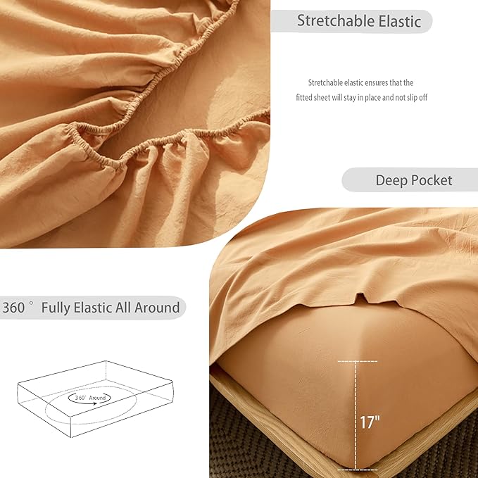 MooMee Bedding Sheet Set 100% Washed Cotton Linen Like Textured Breathable Durable Soft Comfy (Solid Burnt Orange, King)