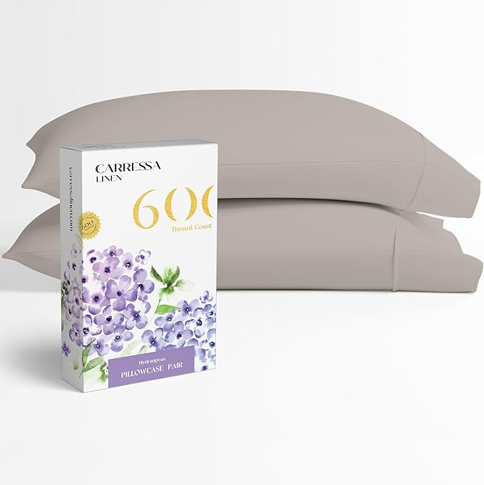 Carressa Linen 100% Egyptian Cotton Pillow Cases Queen Size Set of 2 - Luxury 600 Thread Count Taupe Standard/Queen Size Pillowcases, Silky Soft, Cooling Sateen Weave Hotel Quality Bed Pillow Cover
